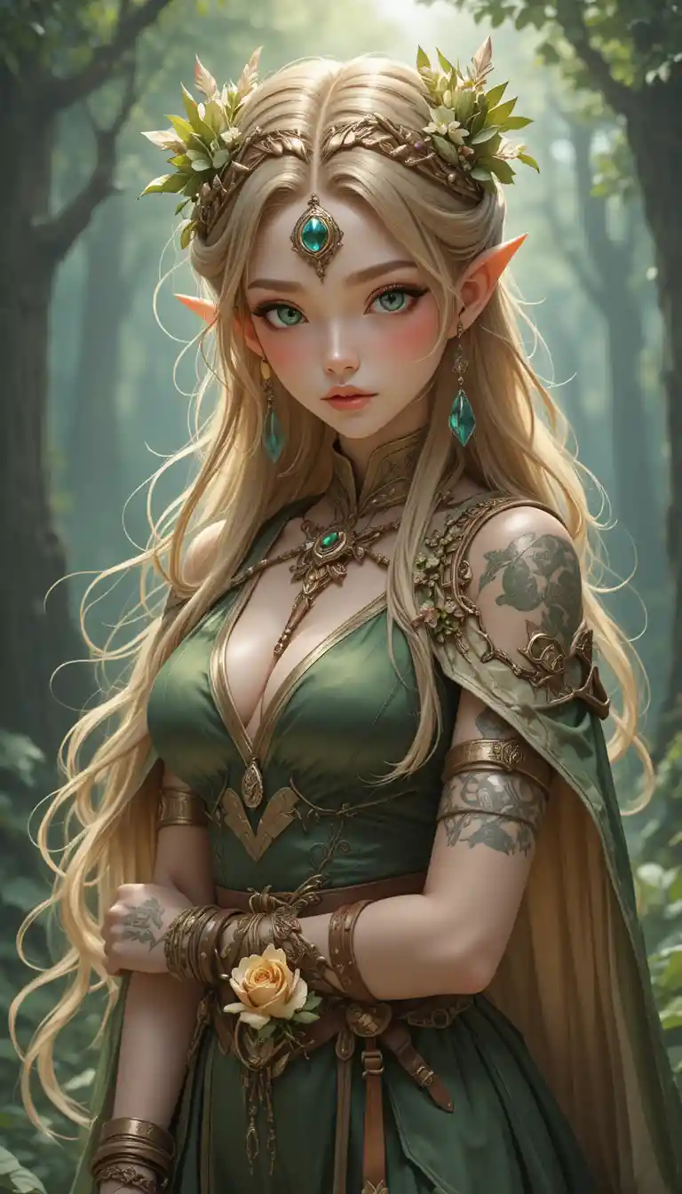 Forest toned anime sorceress with dragon horns and tail