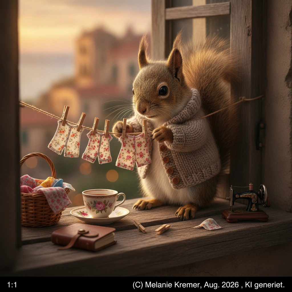 Cozy squirrel at a window doing tiny laundry at sunset