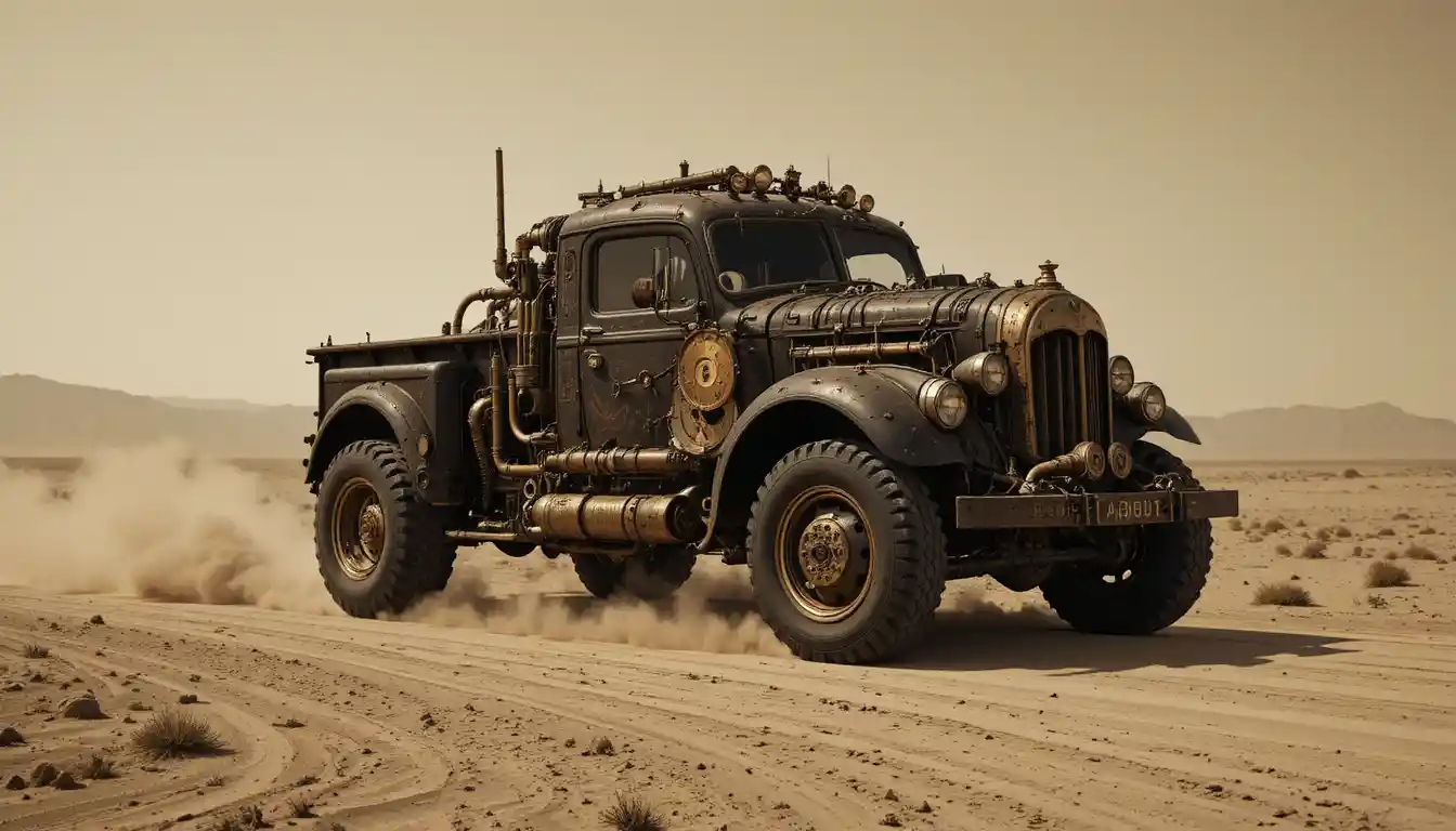 Caminhão steampunk cruzando uma solitária estrada de terra no deserto