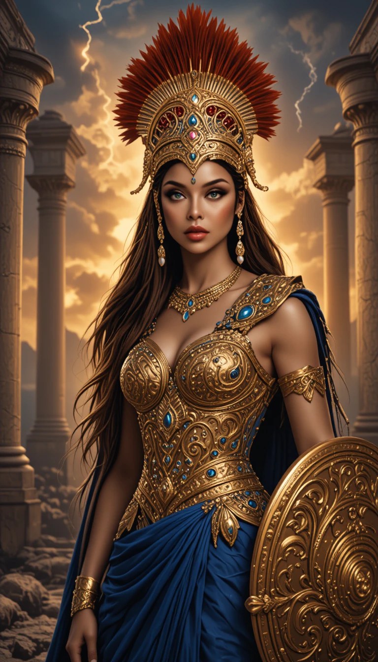古代遺跡前身披金色盔甲的羅馬女神戰士