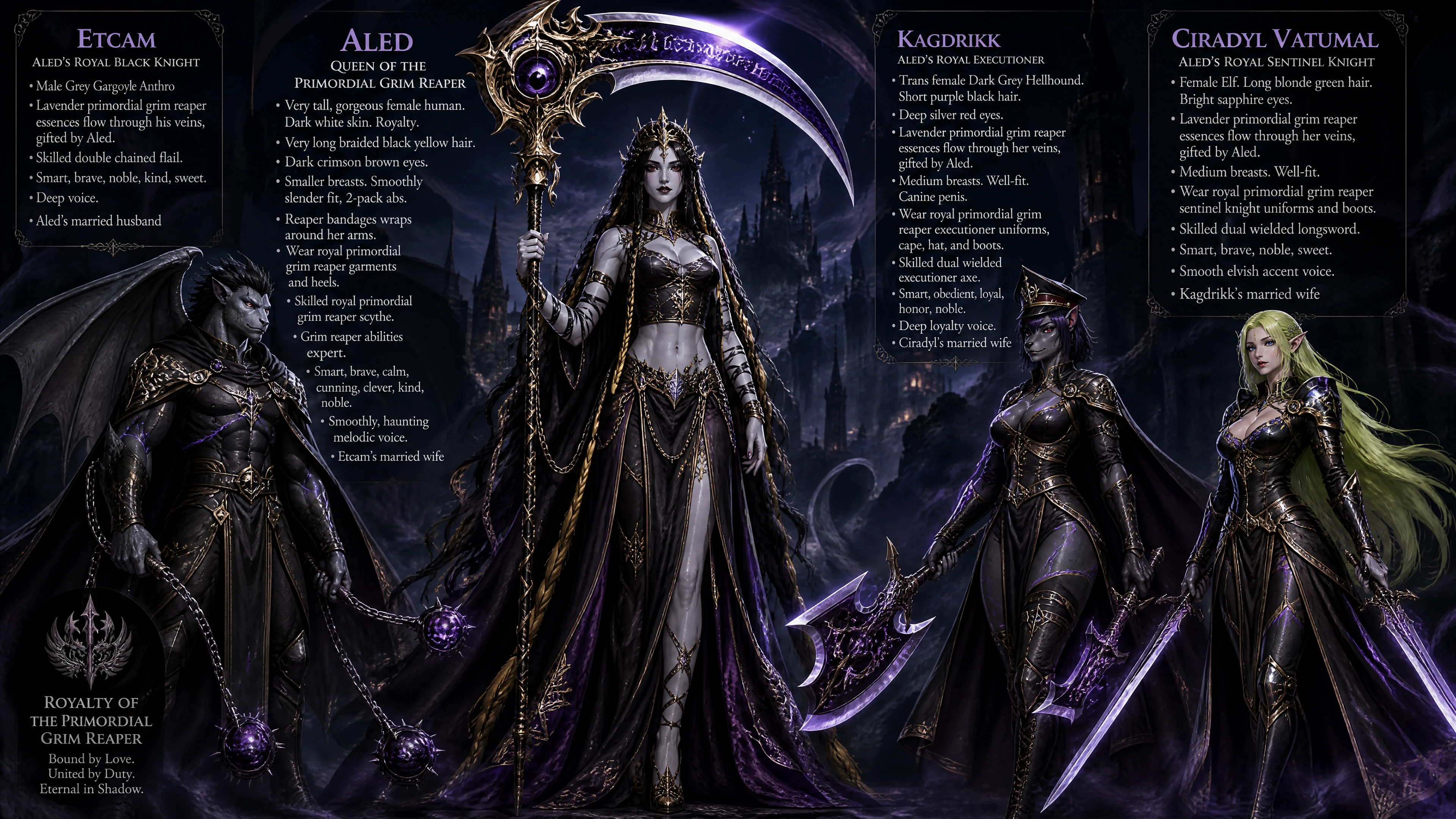 Tall primordial grim reaper queen with ornate scythe