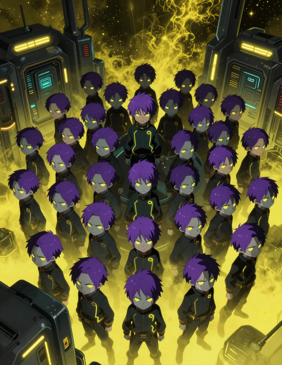Isekai anime boys in neon sci fi laboratory from above