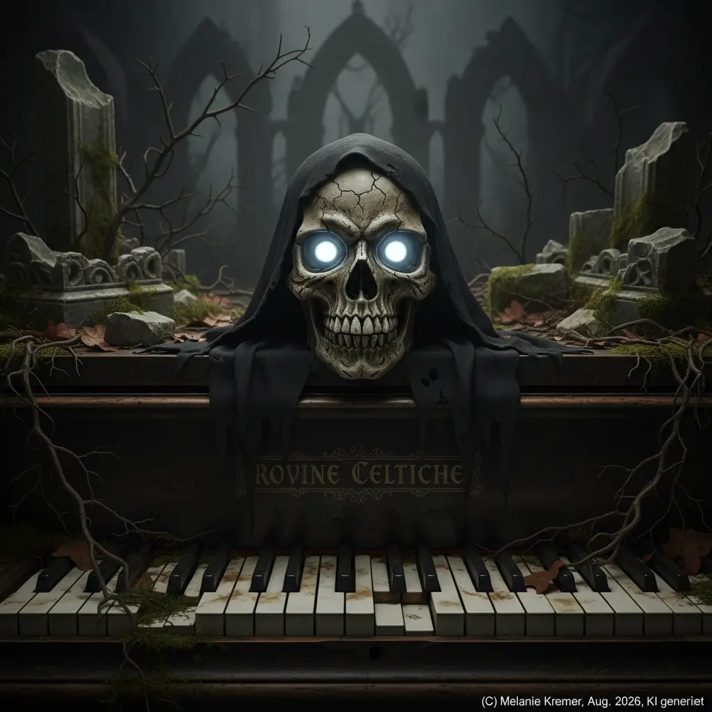 Teschio inquietante con occhi luminosi su una tastiera di pianoforte