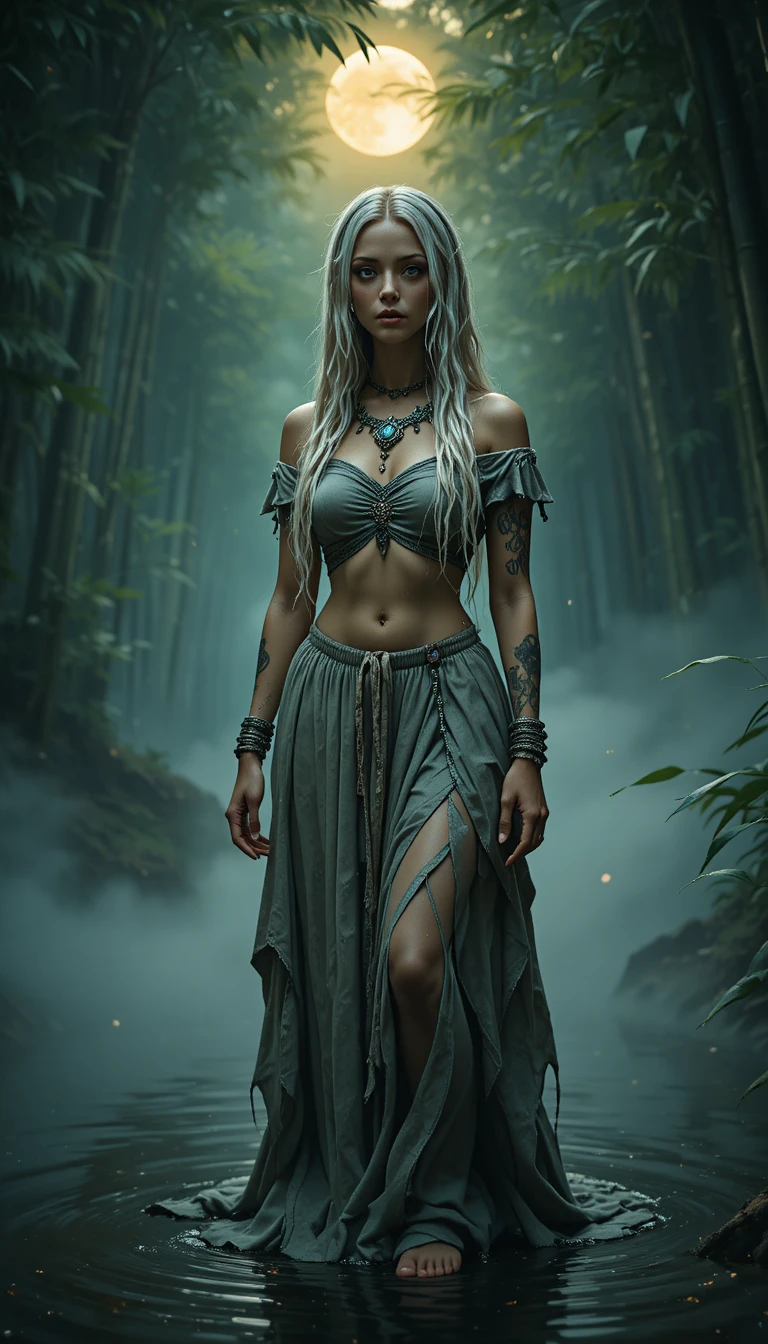 Moonlit swamp witch standing in misty enchanted forest