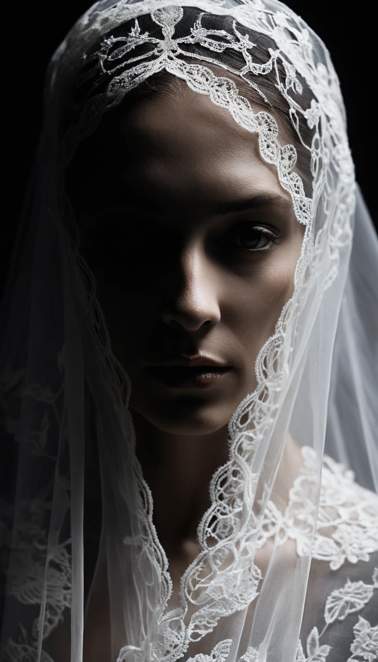 Veiled dark silhouette glowing softly against black background
