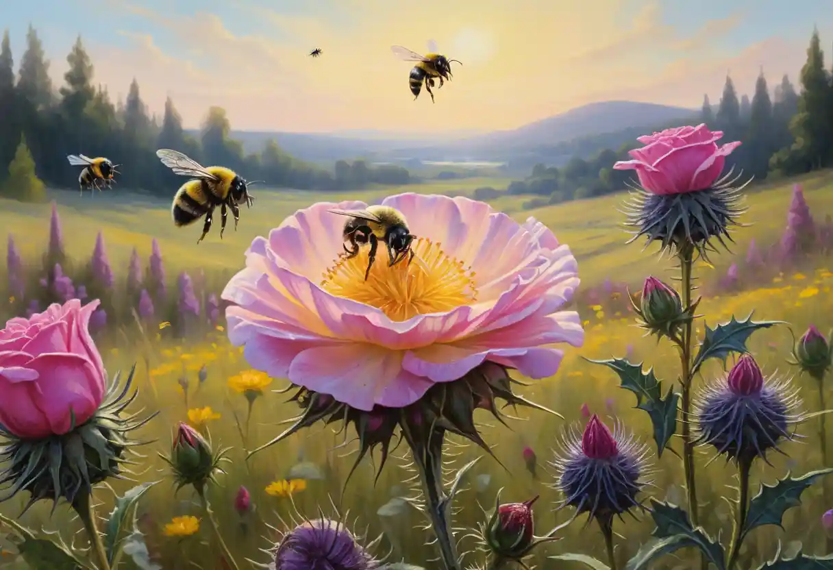 Gros plan en peinture à l’huile d’abeilles dans une prairie ensoleillée de fleurs sauvages