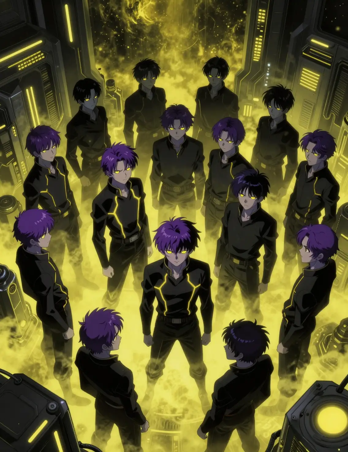 Ominous Anime Boys In Neon Lit Futuristic Research Facility