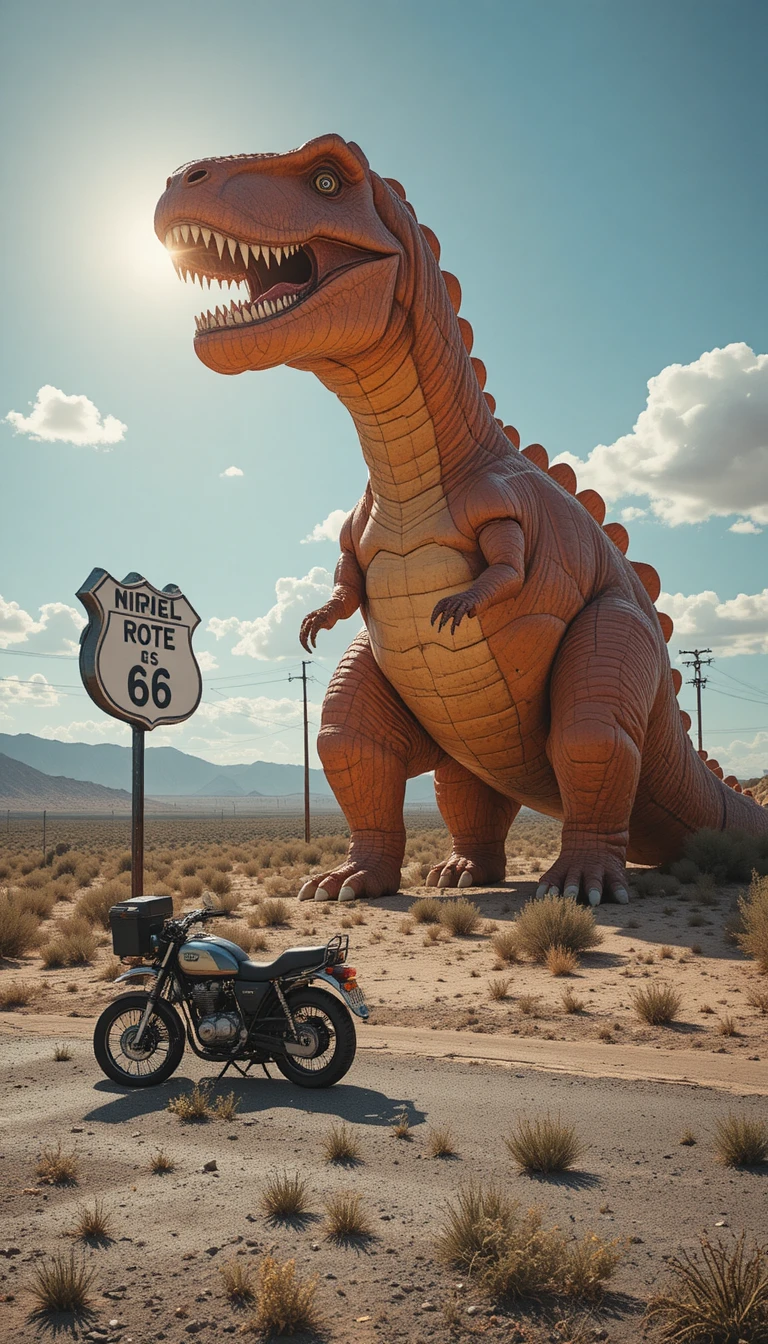 Motocicleta vintage junto a un dinosaurio gigante en una carretera desértica