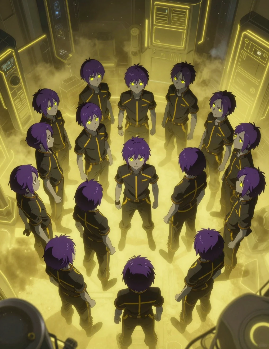 Vue Plongeante sur des Garçons d’Anime dans une Installation Sci-Fi Néon