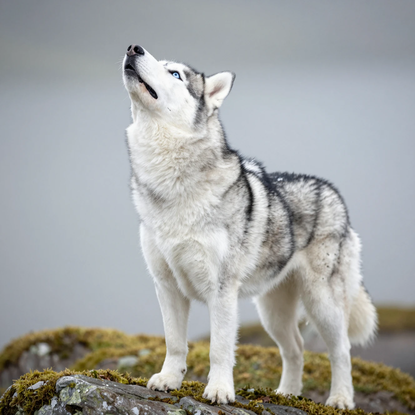 Husky siberiano uivando sobre rocha coberta de musgo ao ar livre
