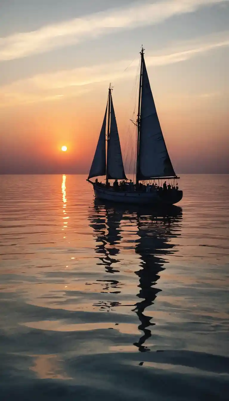 Navios navegando em direção ao pôr do sol sobre um mar calmo