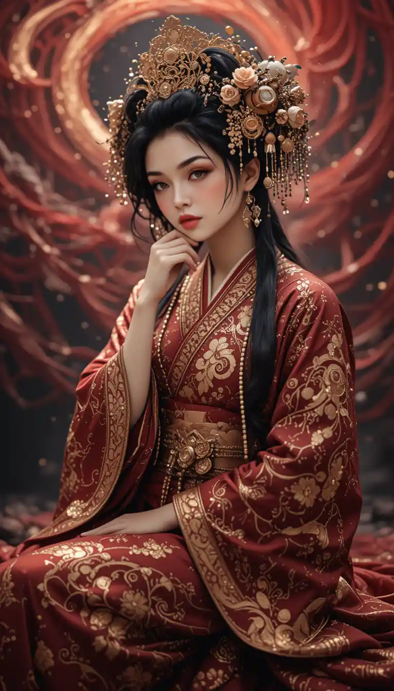 Portrait d’une élégante femme japonaise en kimono rouge et doré