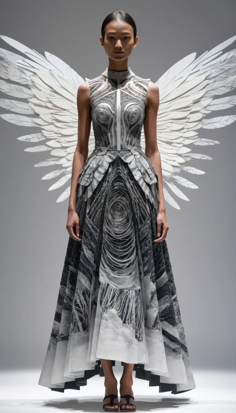 Kinetic silhouette dress with vibrating transparent layered patterns