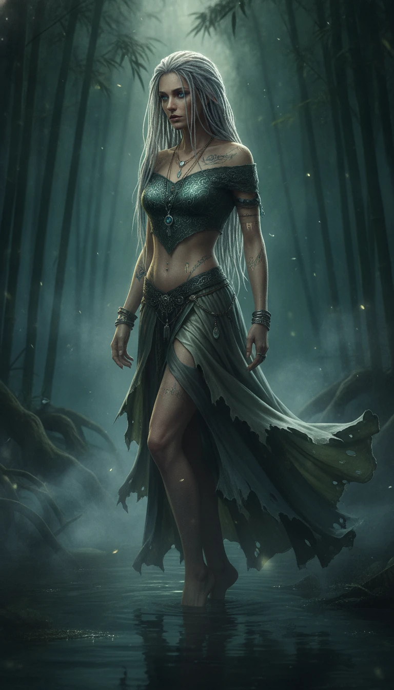 Moonlit swamp witch beside an ancient bamboo forest