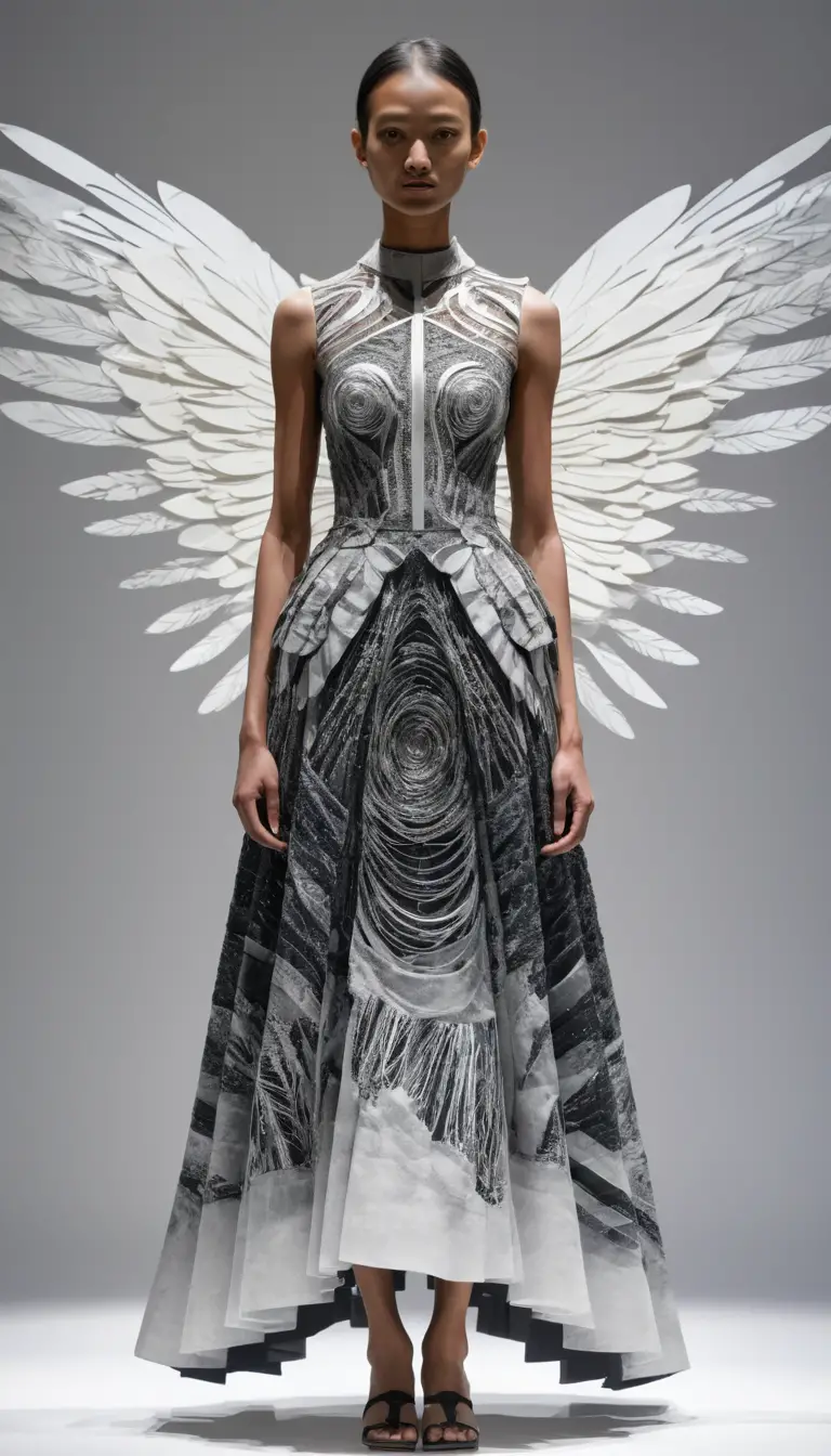 Kinetic silhouette dress with vibrating transparent layered patterns