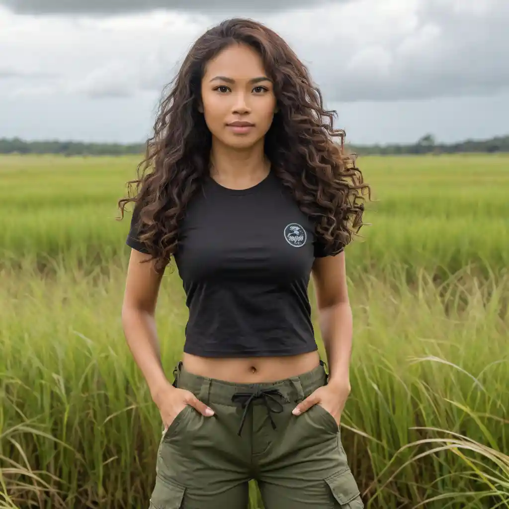 Athletic Filipina woman standing in tall grass field