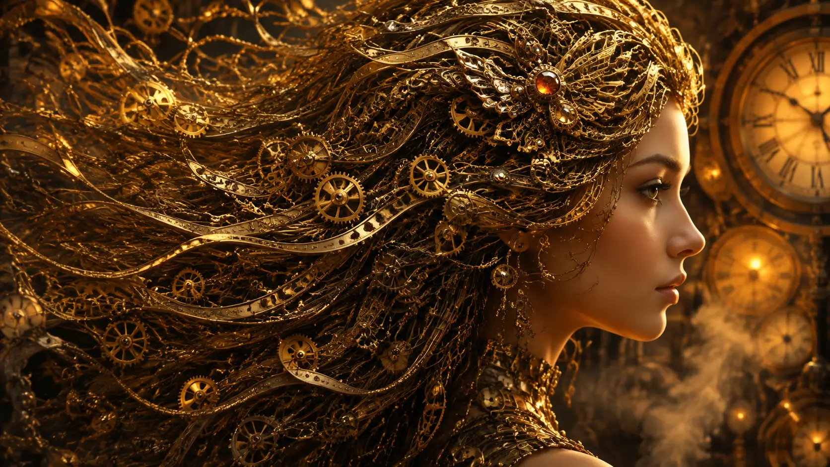 Steampunk Clockwork Hair Portrait In Warm Golden Light