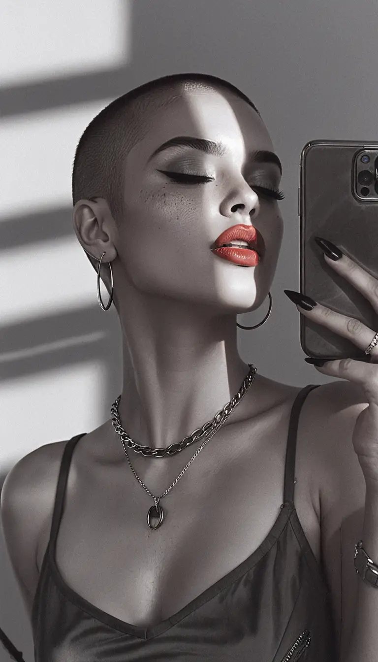 Graphite portrait of a stylish woman taking a mirror selfie