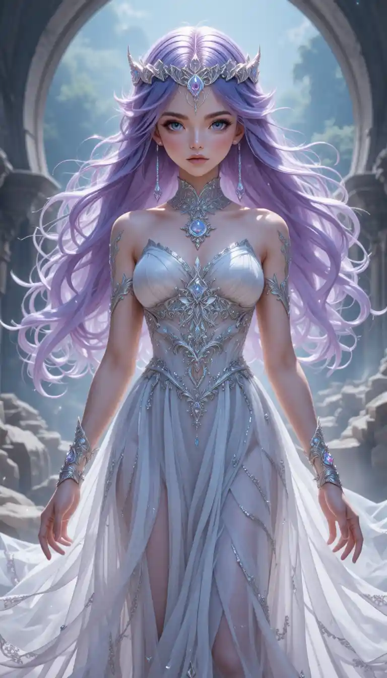 Ethereal anime ghost girl with silver eyes and crystal crown