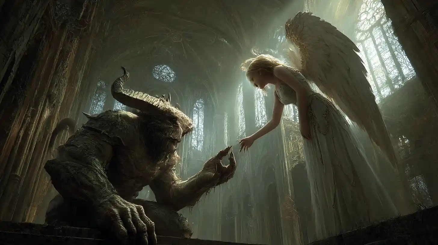 Antiguo demonio alcanzando a un ángel celestial femenino