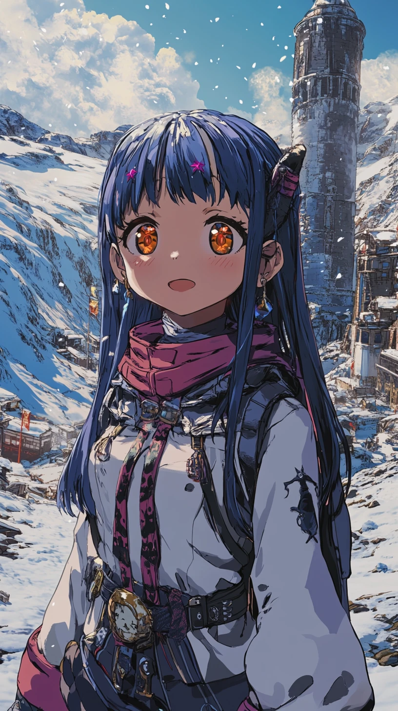Anime-Mädchen im verschneiten Dorf bei einem Stahlturm