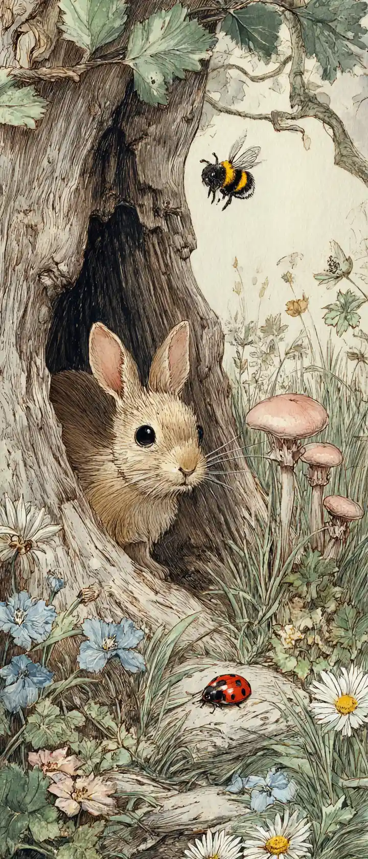 Coelho curioso em cena aquarela de oco de árvore na floresta