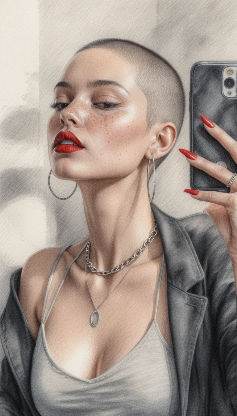 Buzz cut woman taking a confident mirror selfie drawing