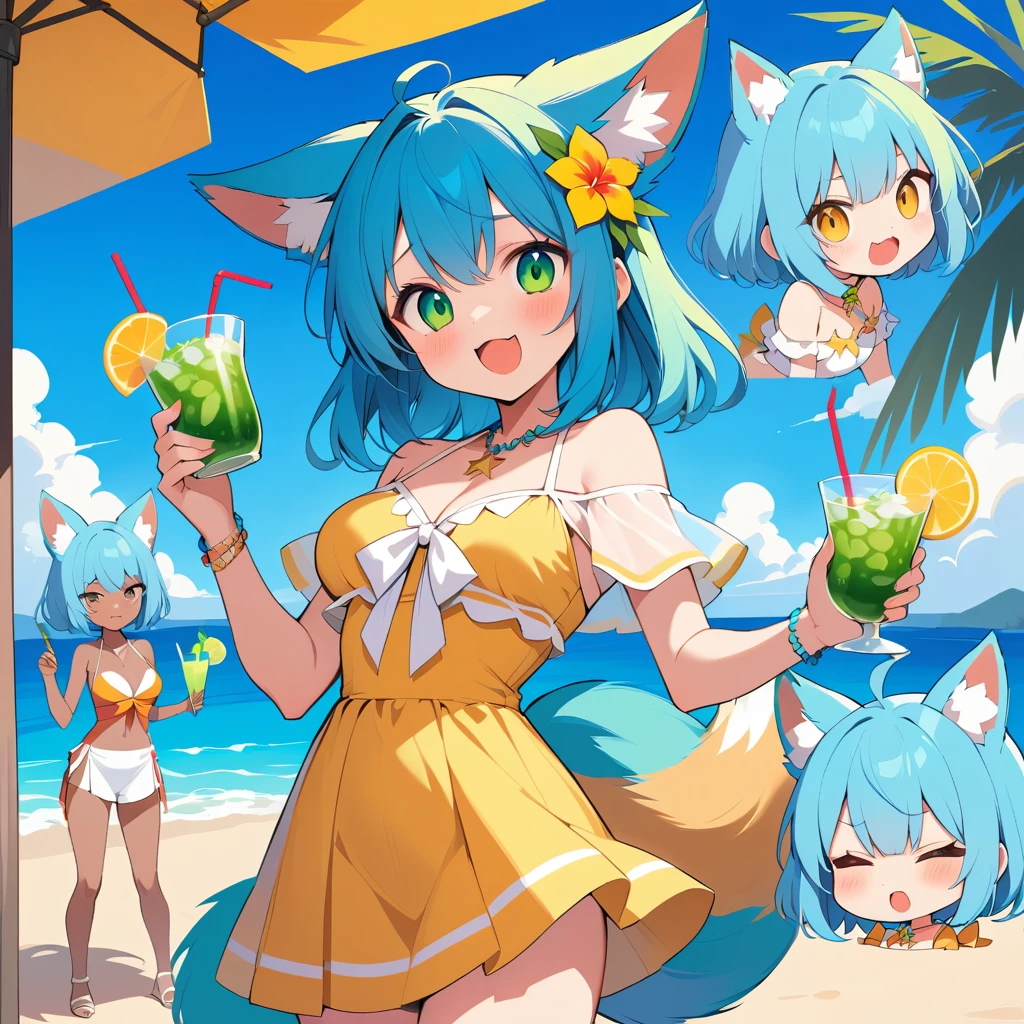 Linda chica anime con orejas de zorro sosteniendo un mojito de verano