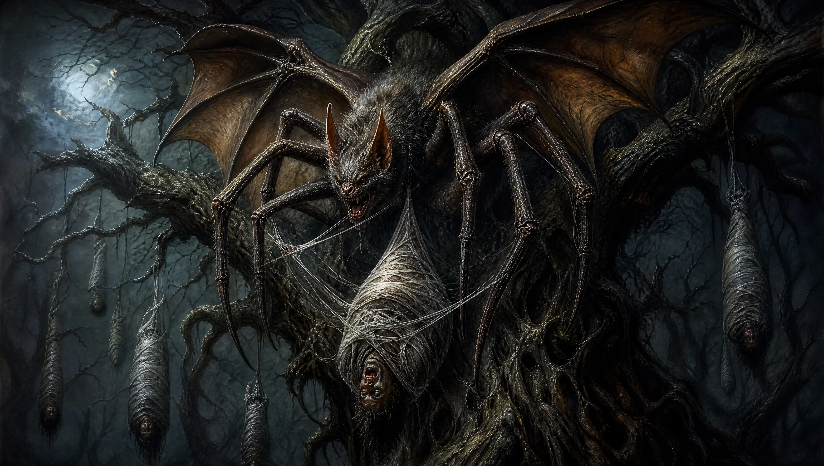 Monstro aranha-morcego em uma floresta escura e encantada