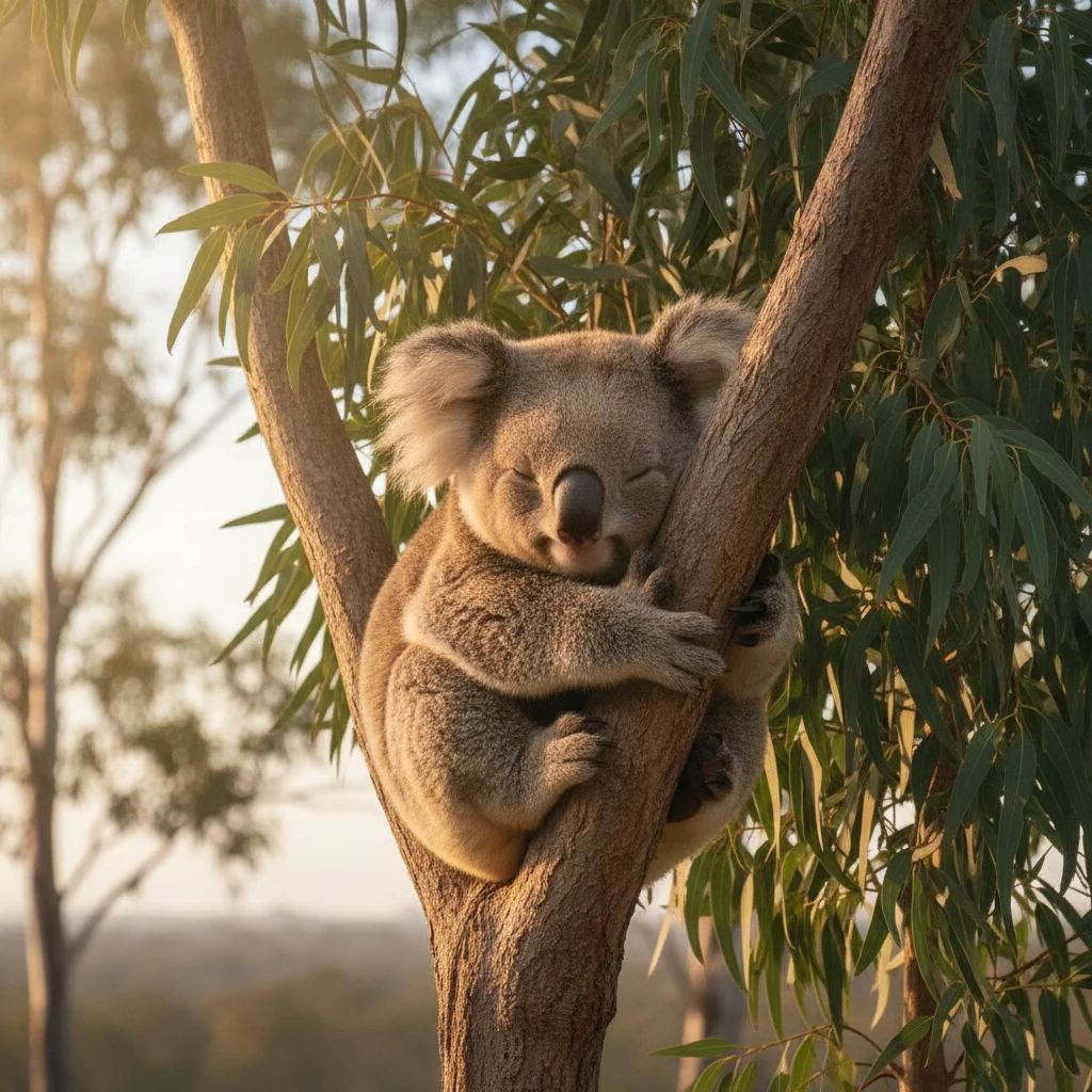 Koala tranquilo descansando en un eucalipto bañado por el sol
