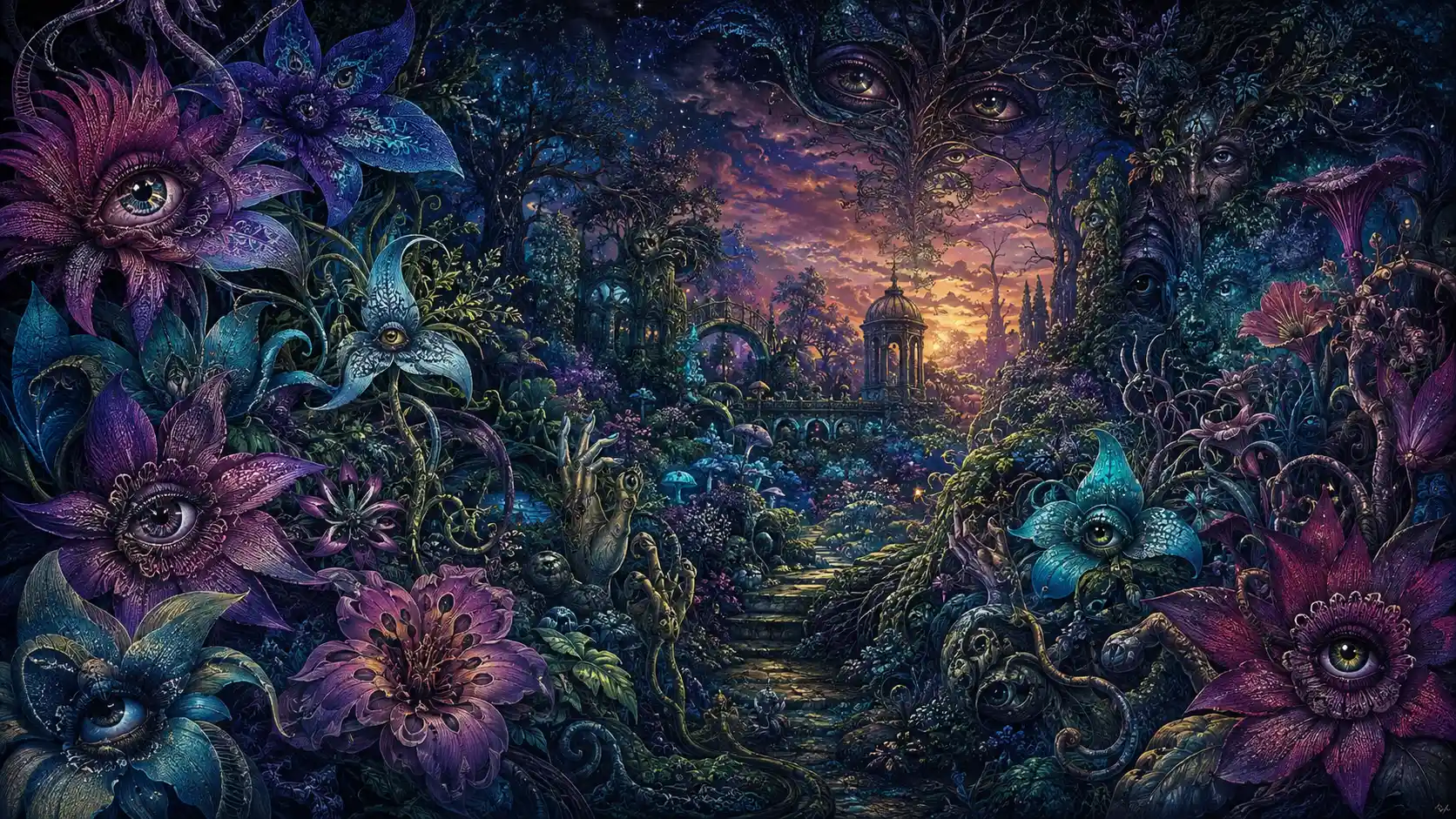 Enchanted twilight garden of watching surreal plants