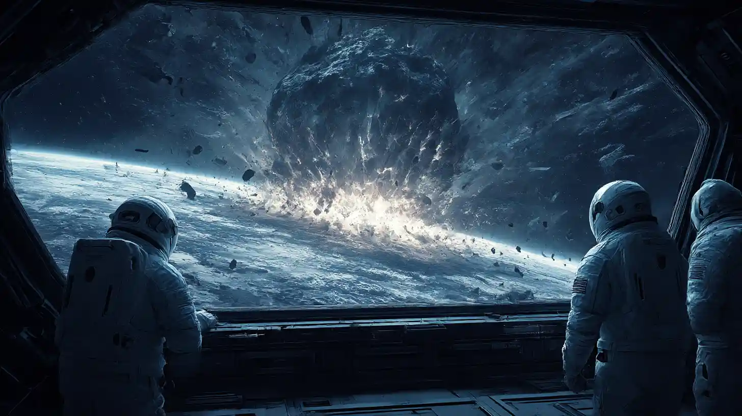Astronautas assistindo a um devastador impacto de asteroide na Terra