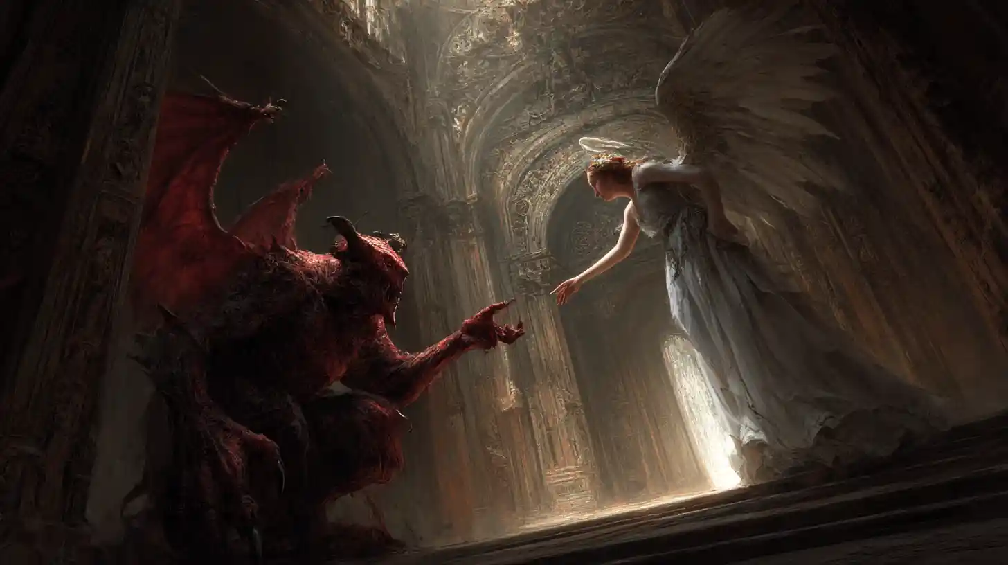 Ancient demon reaching toward a radiant heavenly angel