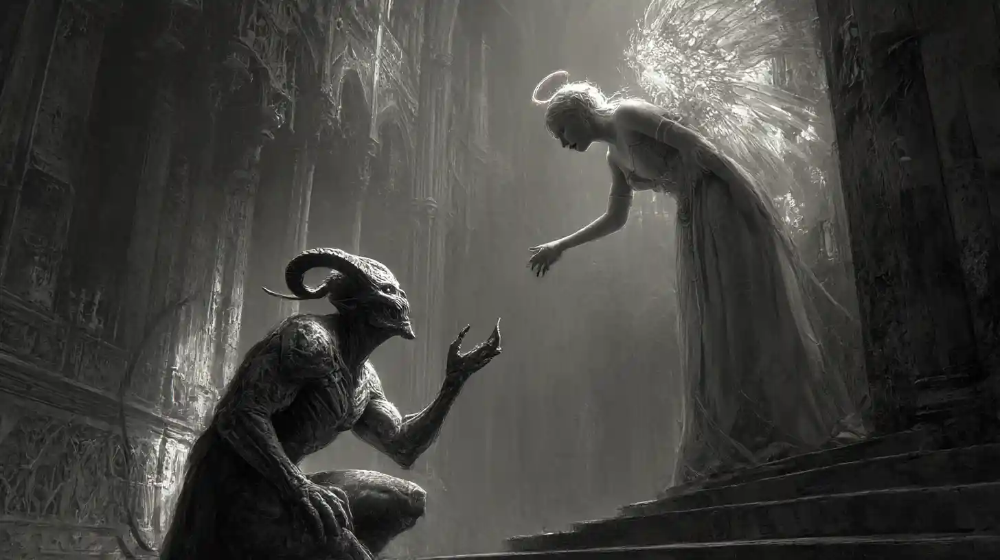 Antigo demônio alcançando um anjo em catedral radiante