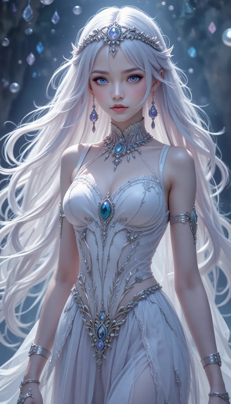 Fille fantôme d’anime éthérée aux cheveux argentés et couronne de cristal