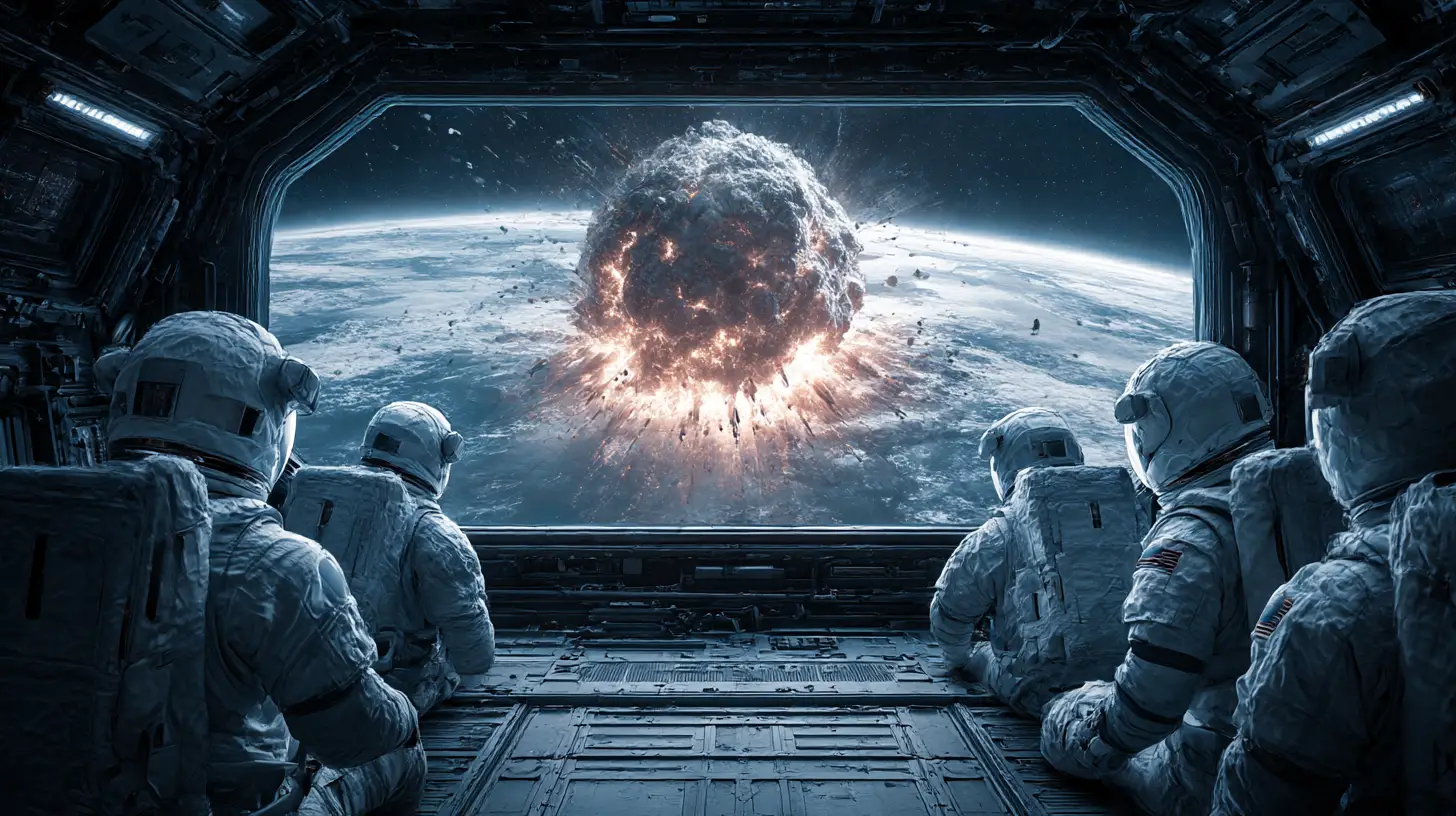 Des astronautes observent l’impact catastrophique d’un astéroïde sur la Terre