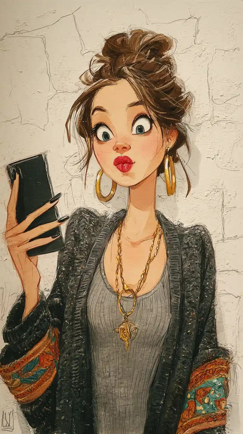 Ragazza pop surreale che si fa un selfie con occhi e labbra grandi