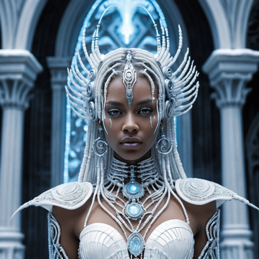 Princesa biomecânica em catedral sci-fi azul-gelo e perolada