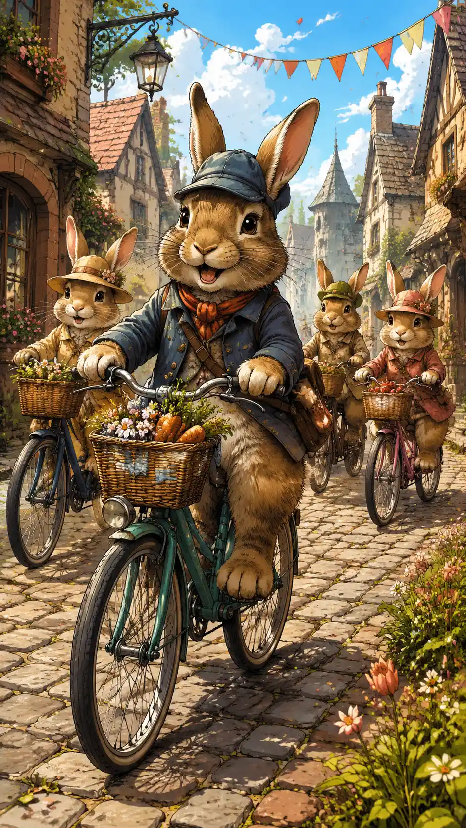 Rabbits Riding Bicycles Through A Cobblestone Village Street
