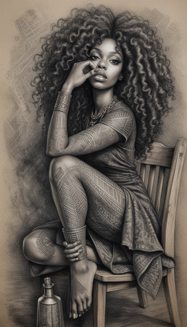 Charcoal caricature of a woman with huge curly afro hair