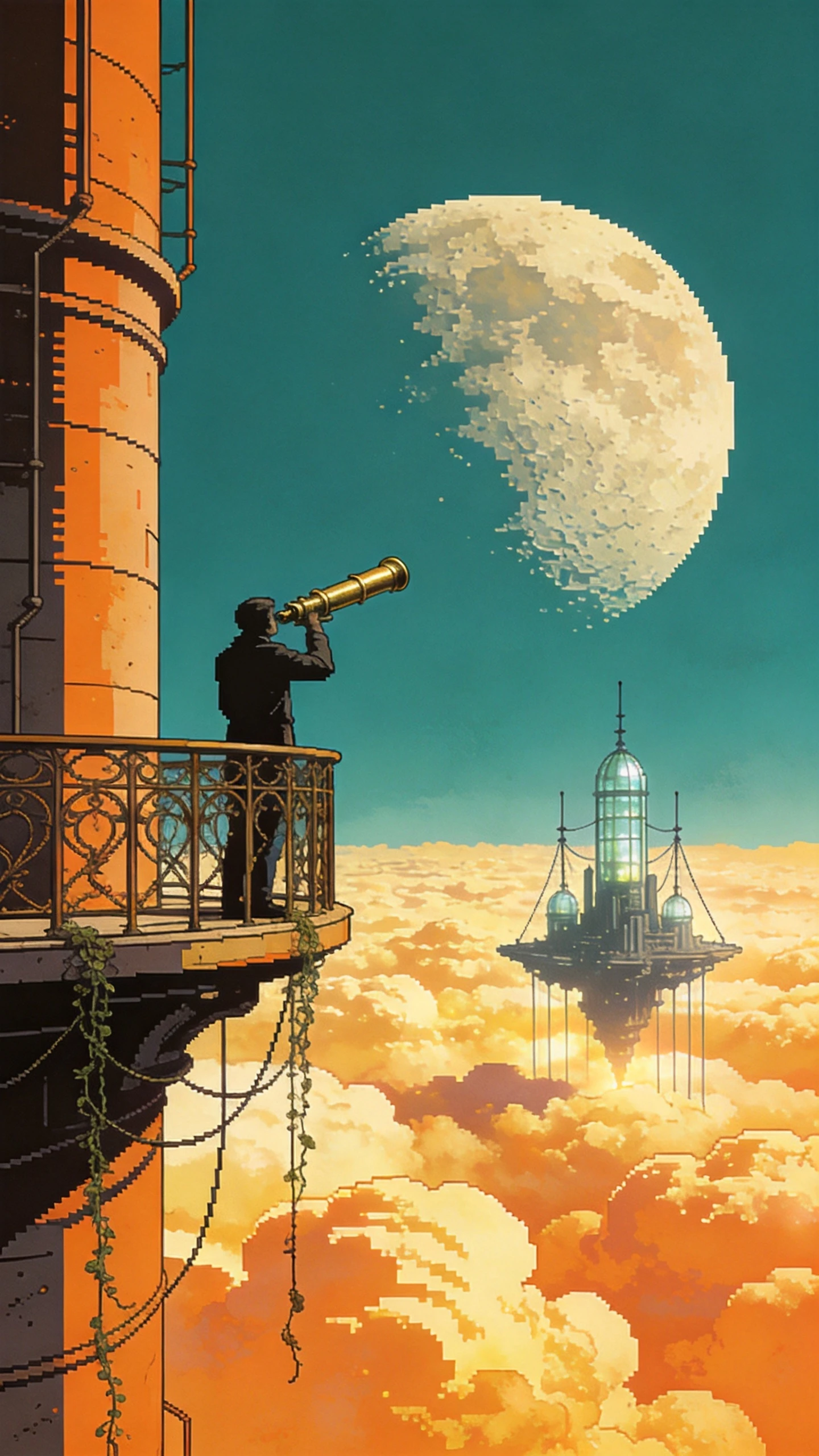 Figura solitária na varanda de uma torre observando uma cidade flutuante distante