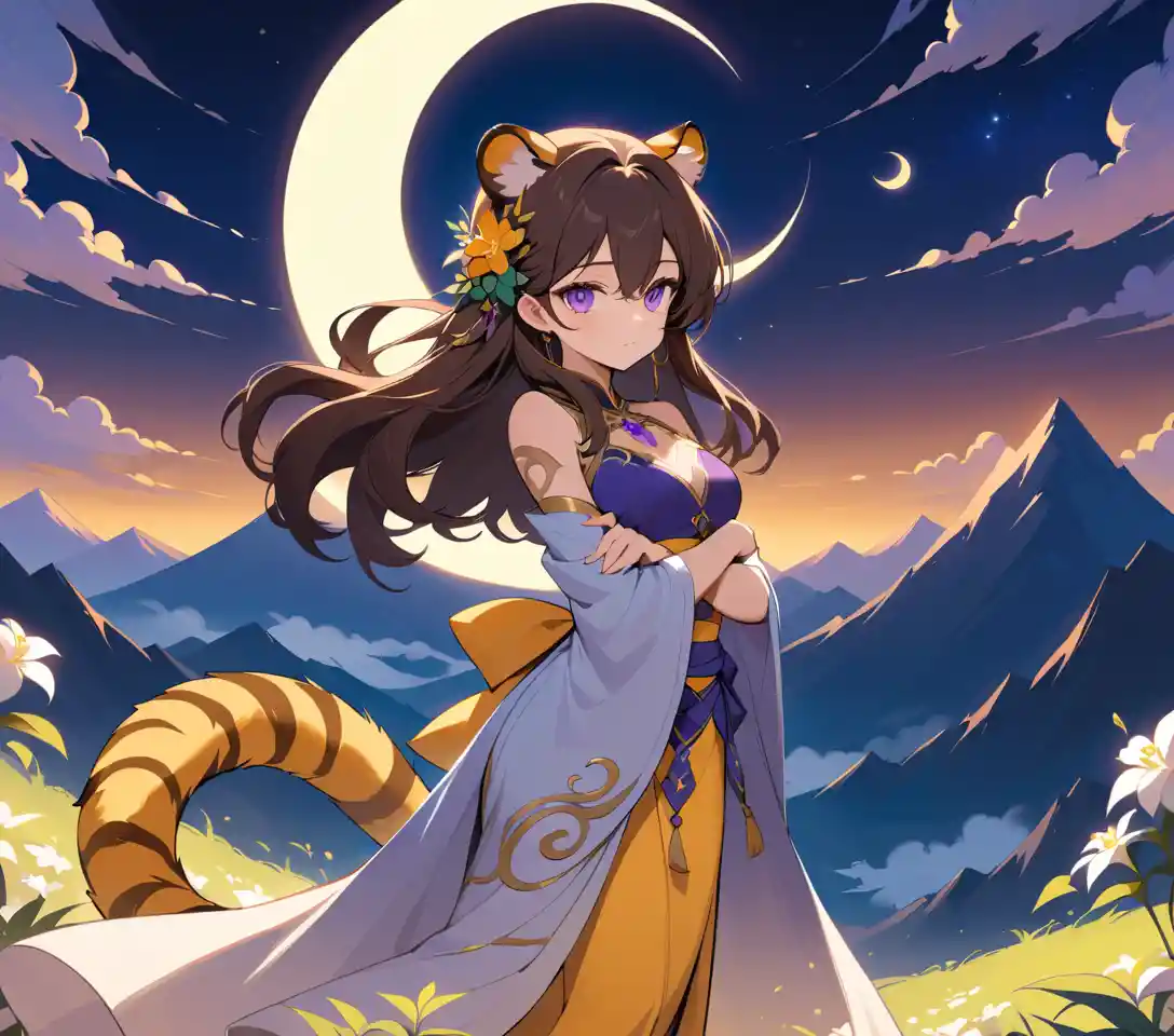 Mulher mística com orelhas de tigre sob um céu dourado