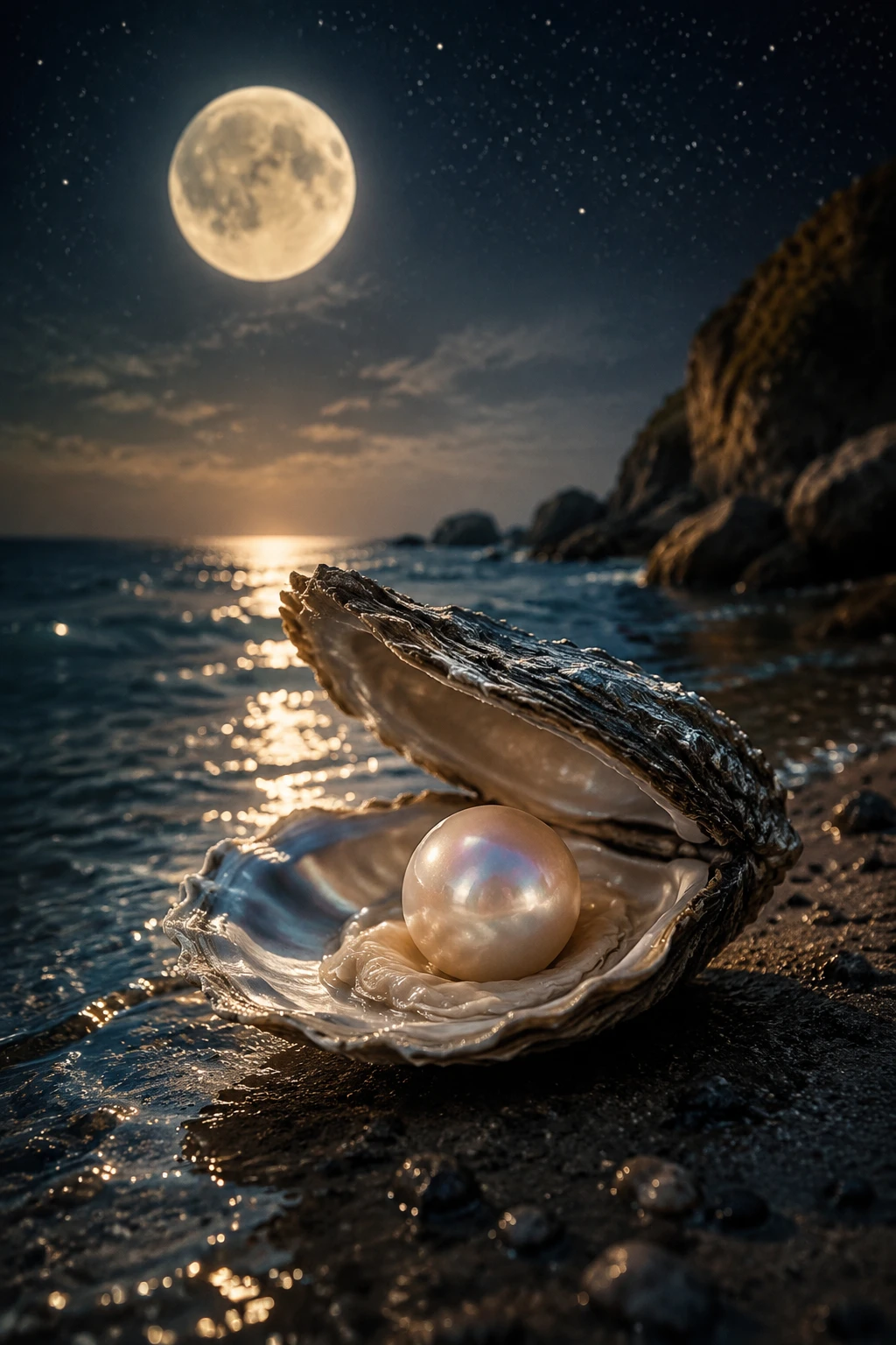 Luminous pearl in an open oyster under a full moon