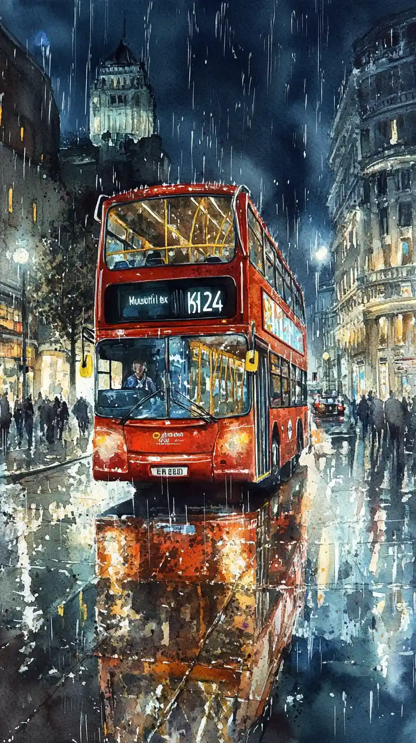Cena noturna em aquarela de um ônibus vermelho de Londres na chuva