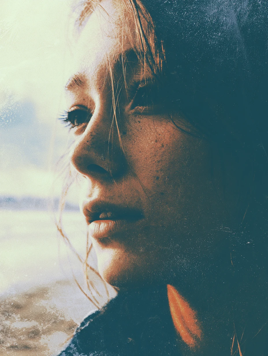 Retrato melancólico e surreal em close nas tonalidades arenosas do oceano