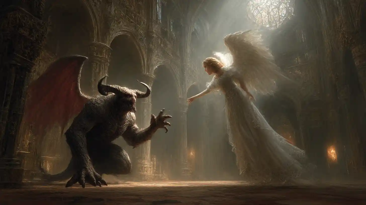 Ancient demon reaching toward a radiant angel in cathedral
