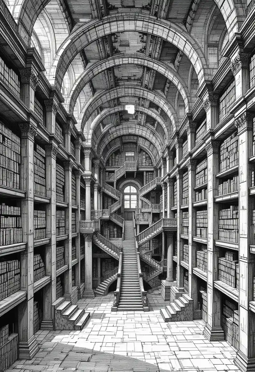 巨大で迷路のような図書館に続く無限の階段のエングレービング