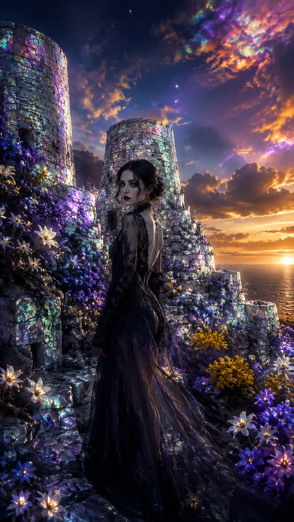 Gothic woman in iridescent ruins at glowing twilight