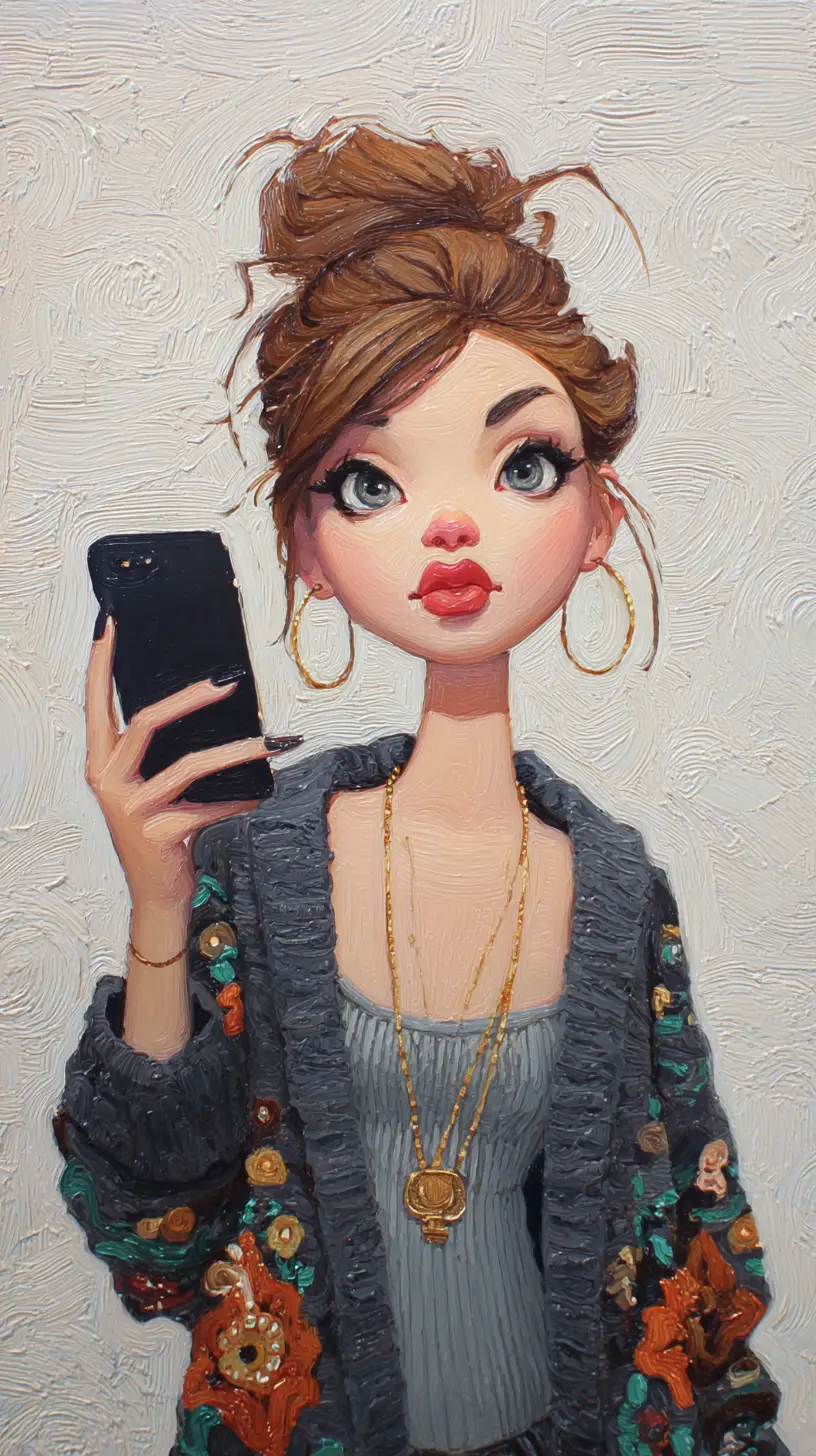 Fille pop surréaliste faisant un selfie avec son smartphone