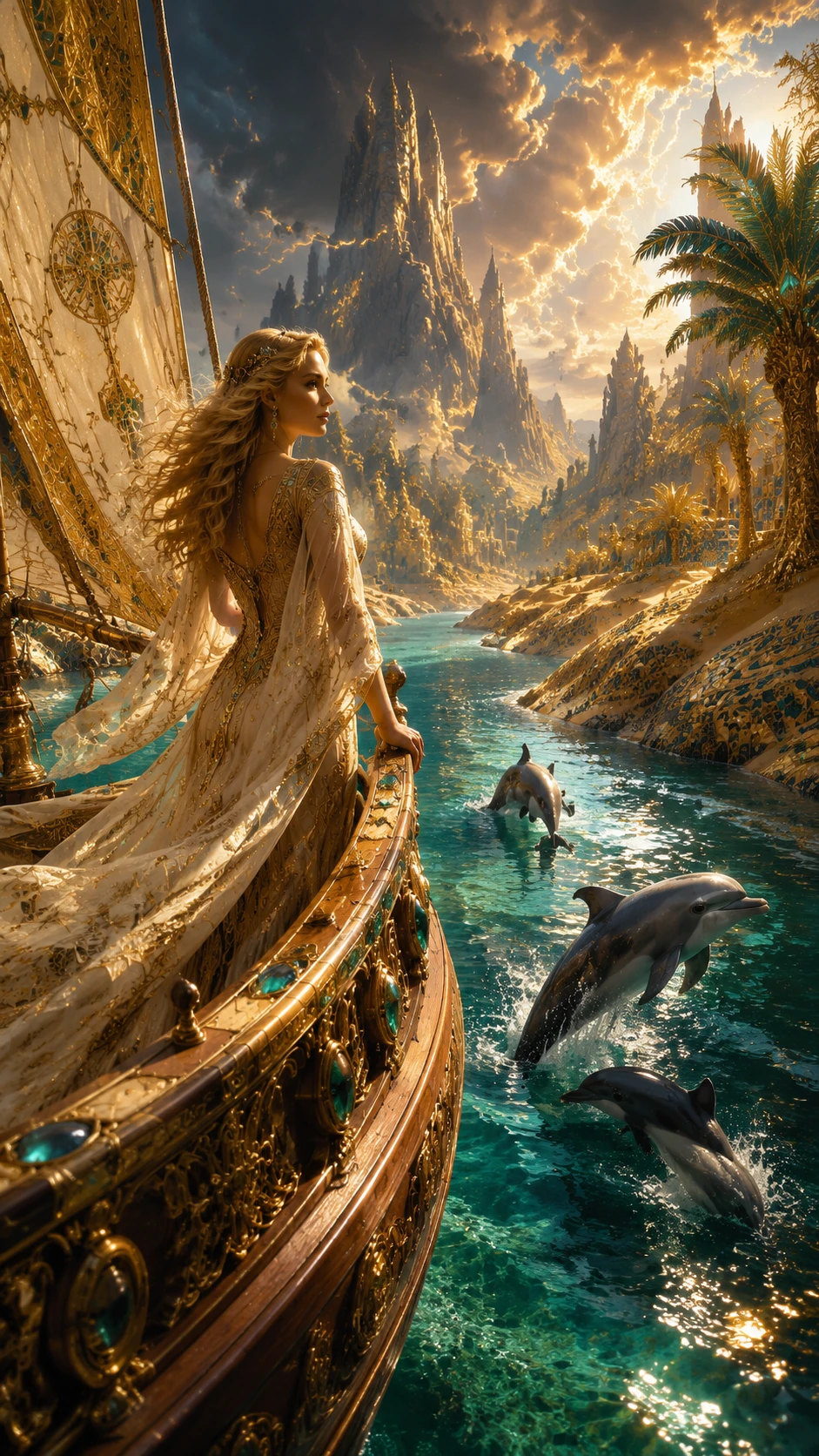 Elegant woman on ornate ship sailing through golden oasis